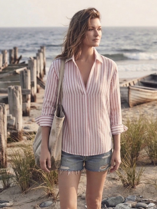Martha Stewart Tops - Martha Stewart Collection 100% Linen Red & White Striped V-Neck Shirt - Size M
